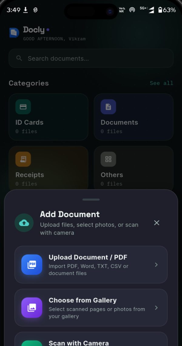 Add Document sheet with options to upload a PDF, choose from gallery or scan with camera