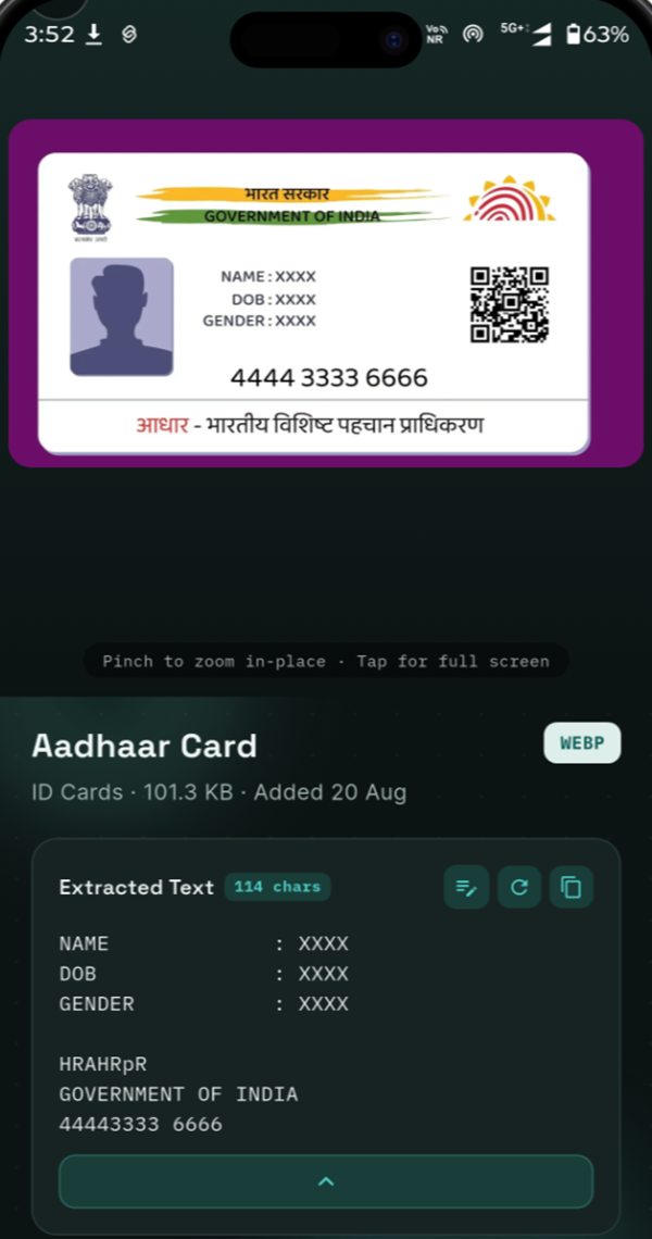 Aadhaar card detail view with extracted text ready to copy