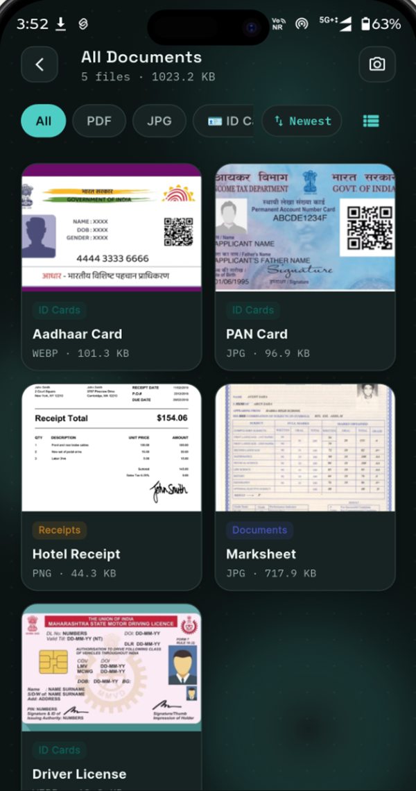 All Documents grid with filters for PDF, JPG and ID Cards and a newest-first sort